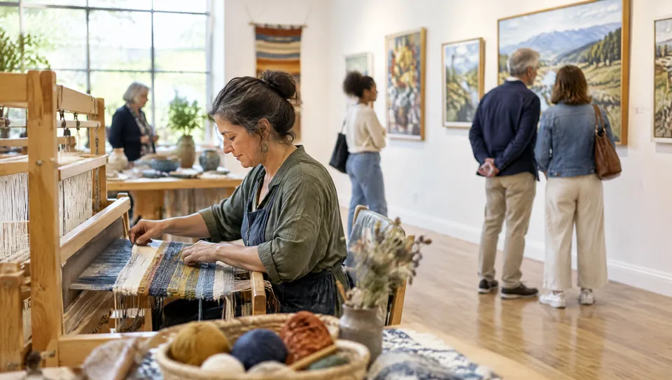 A weaver at a loom in a community cultural centre while visitors look at paintings.