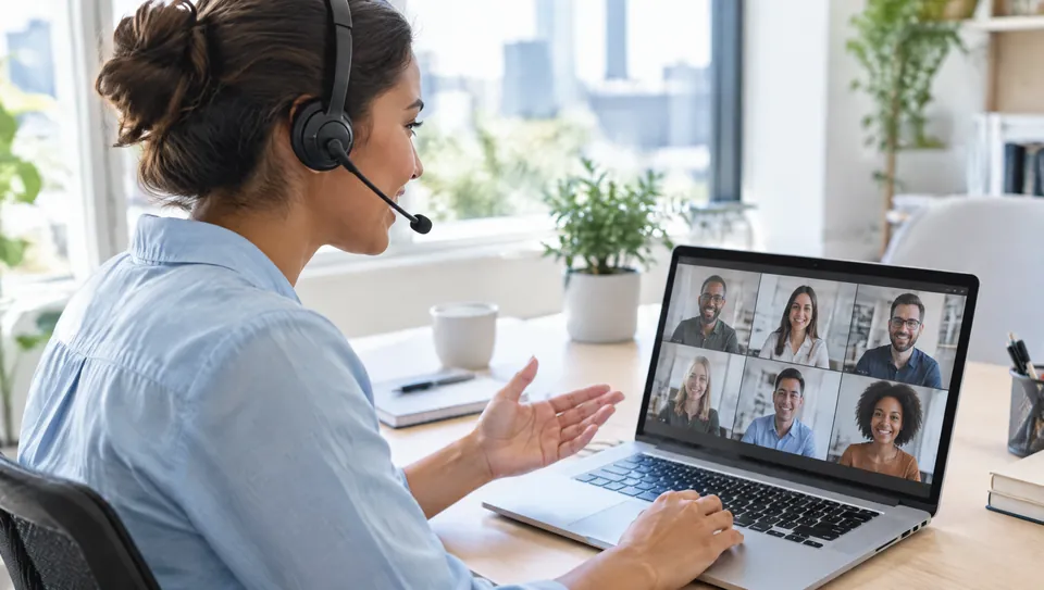 A woman in a headset leading a video call with six colleagues on her laptop.