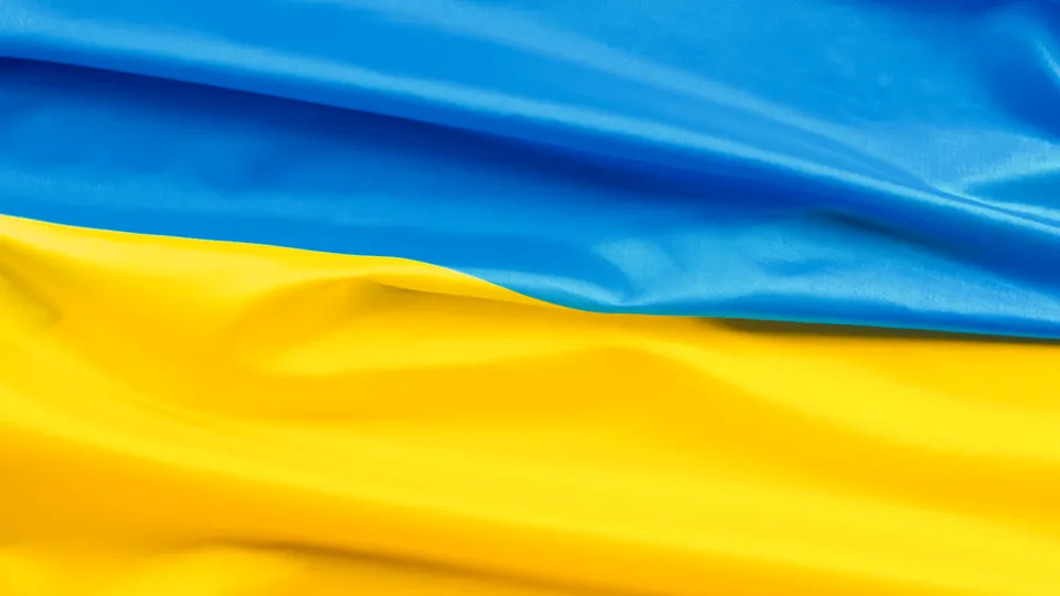 A close view of the blue and yellow Ukrainian flag.