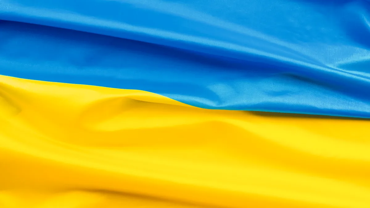 A close view of the blue and yellow Ukrainian flag.