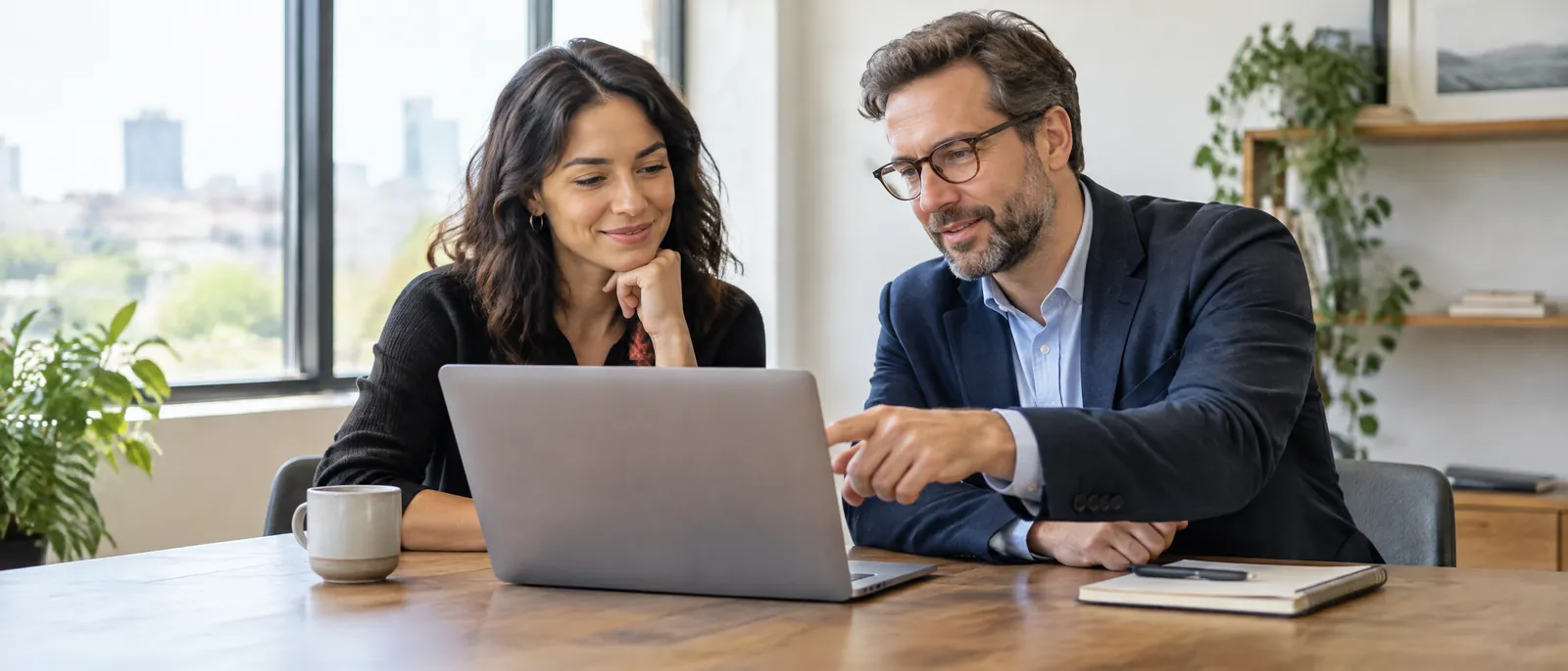 A founder and an adviser reviewing a laptop together.