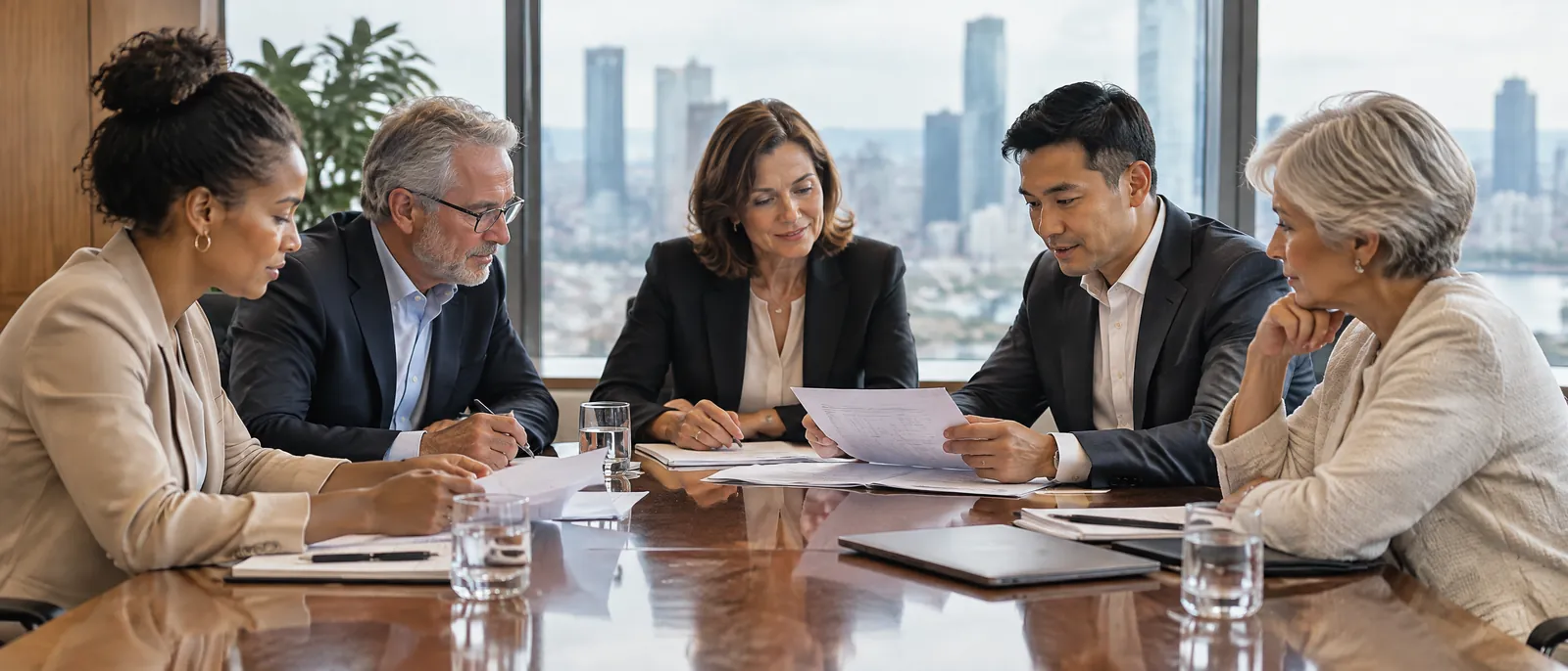 Directors reviewing papers around a boardroom table.