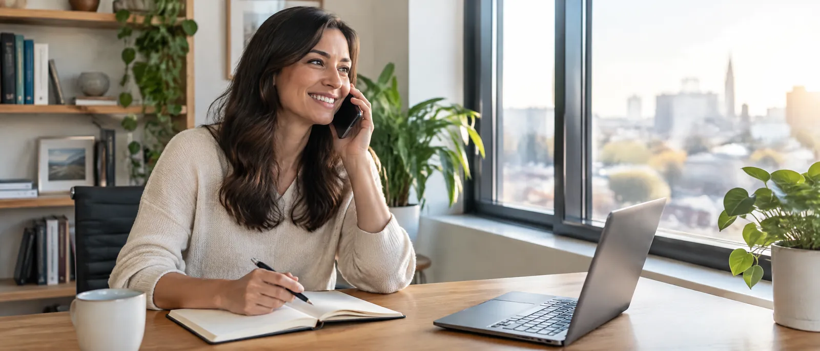 A founder on a phone call by a window.