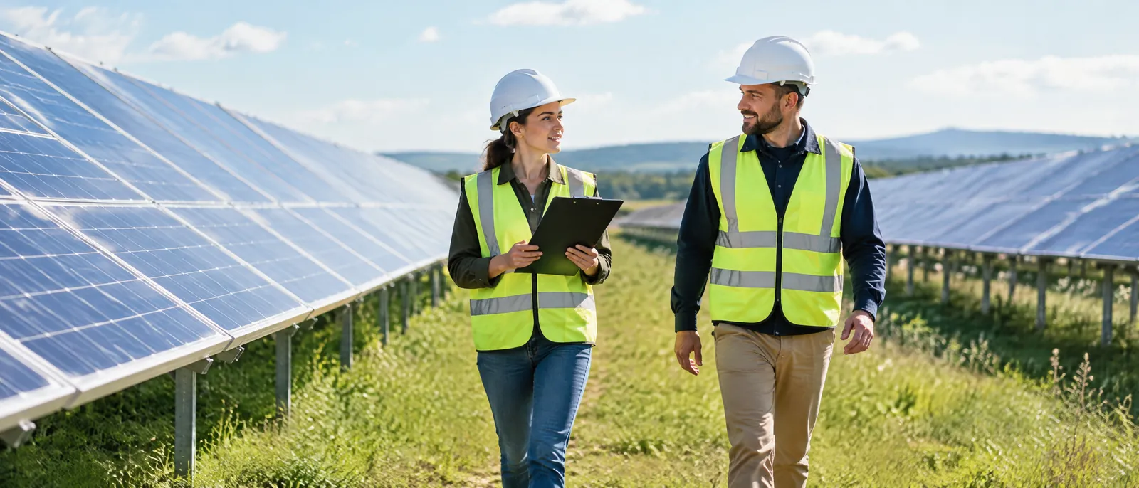 Two engineers walking between rows of solar panels.