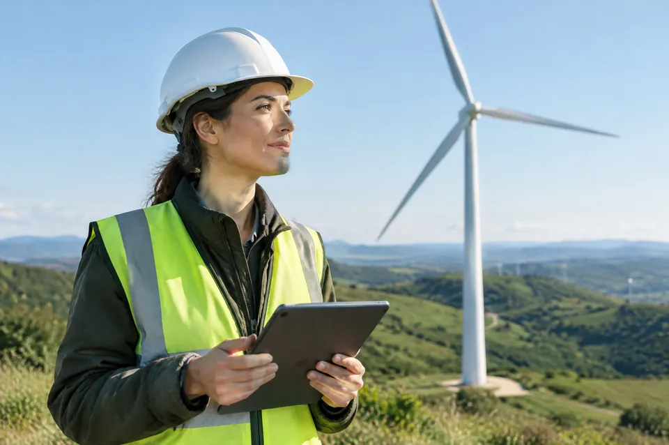 An engineer with a tablet in front of a wind turbine.
