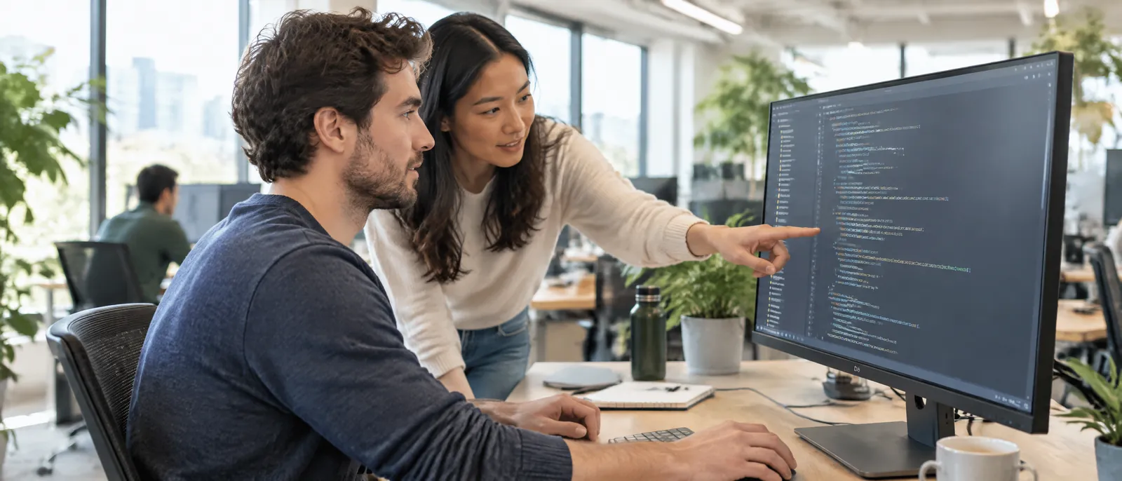 Two engineers working together at a monitor in a bright open-plan office.