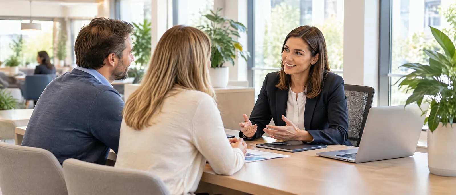 A relationship manager speaking with a couple at a bank branch.