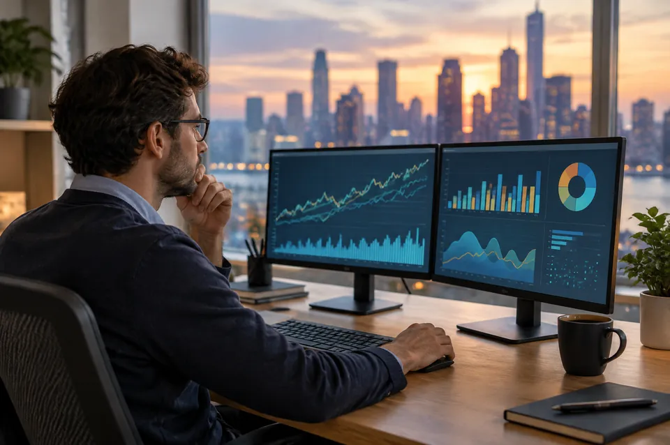 An analyst at a desk with two monitors showing charts.