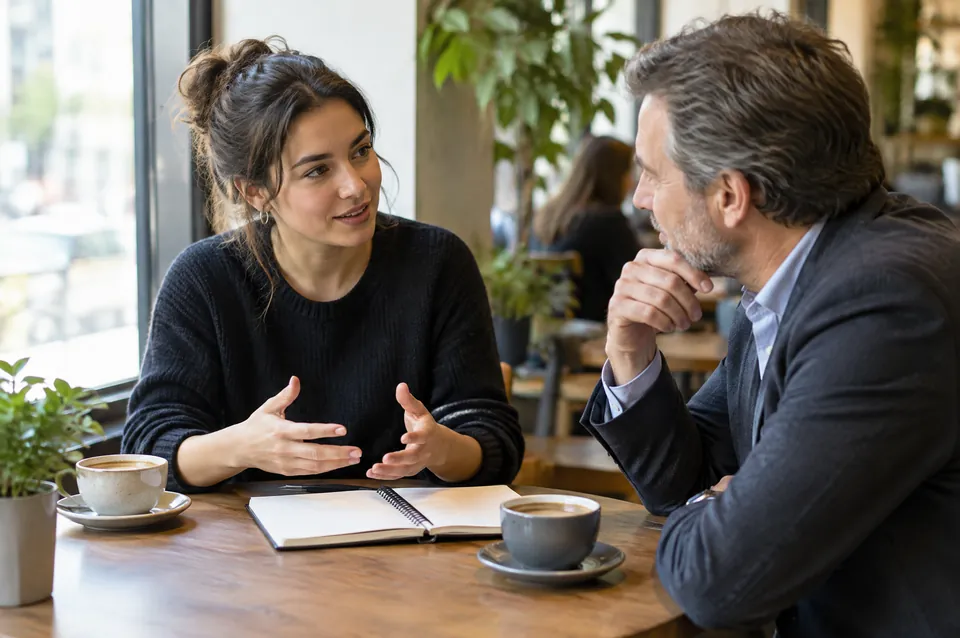 A founder and an adviser in a first conversation at a cafe table.
