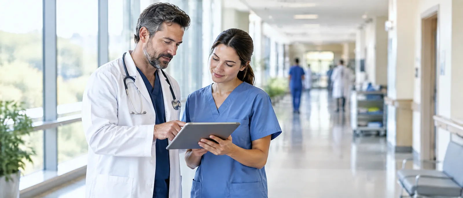 A doctor and a nurse reviewing a tablet in a hospital corridor.