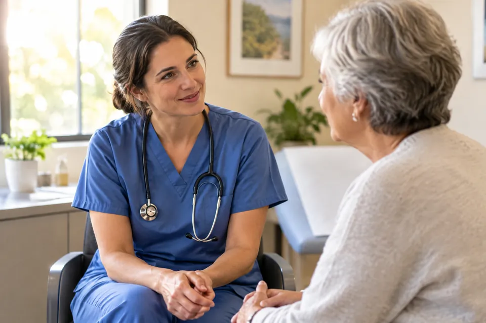 A clinician speaking with an older patient.