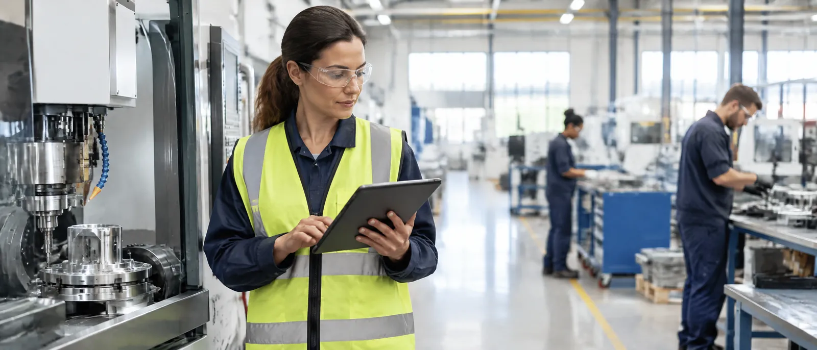 A supervisor reviewing a tablet beside a machine on a factory floor.