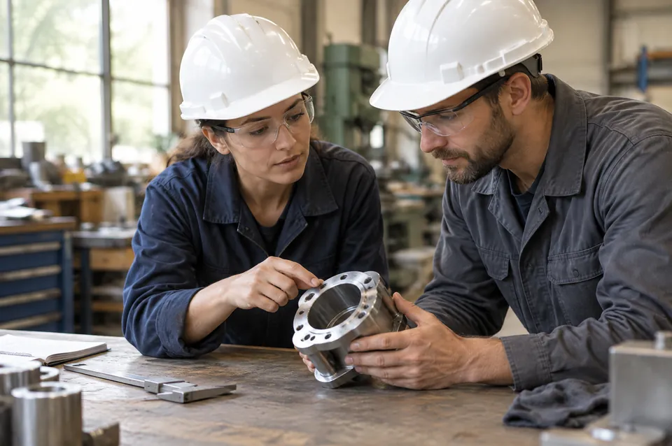 Two engineers inspecting a metal part on a workbench.
