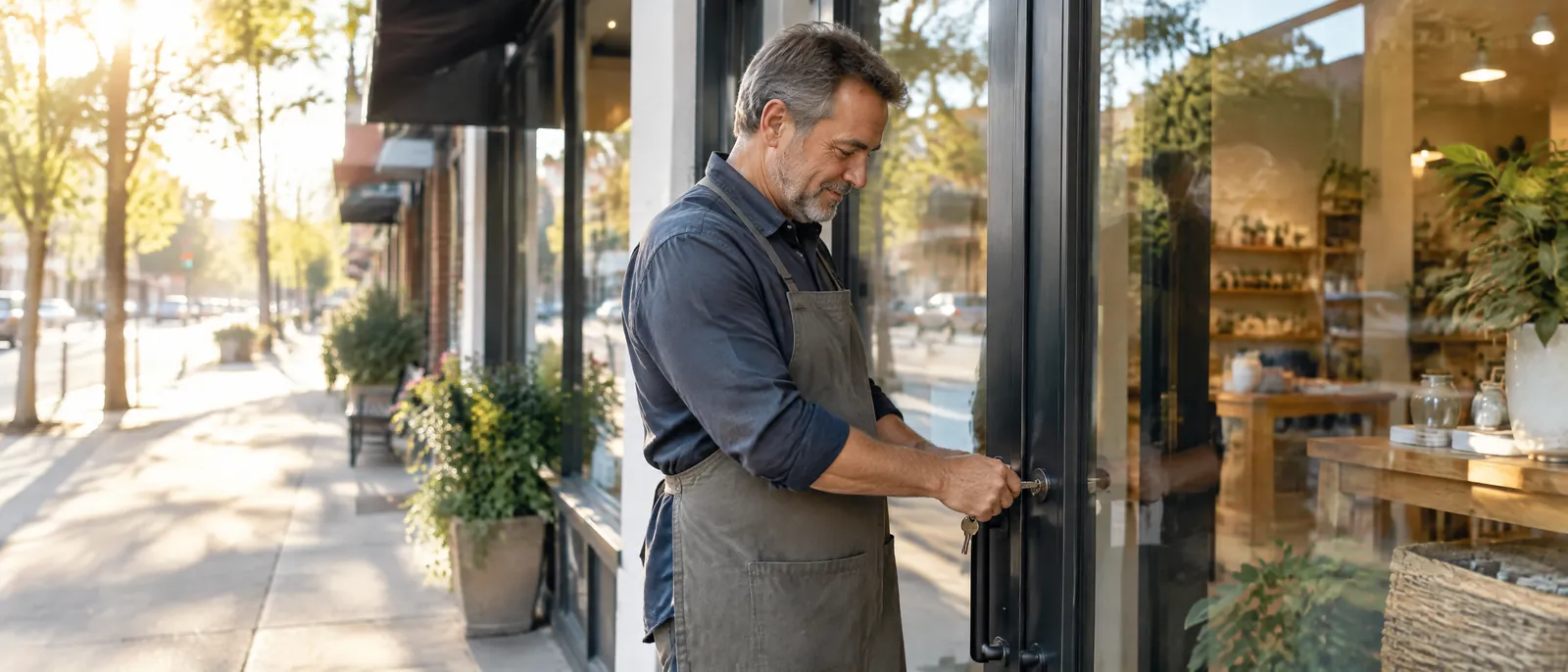A shop owner unlocking the door at the start of the day.