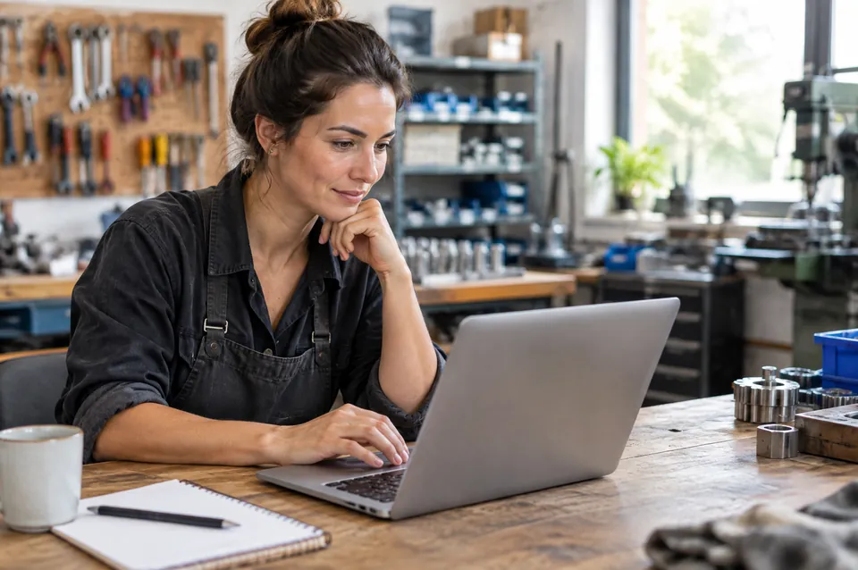 A business owner reviewing figures on a laptop in her workshop.