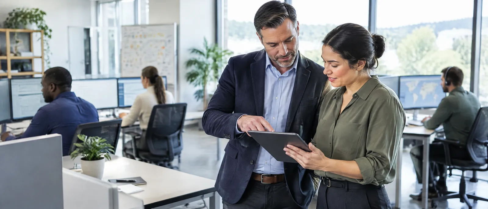 Two colleagues reviewing a process on a tablet in a modern operations office.