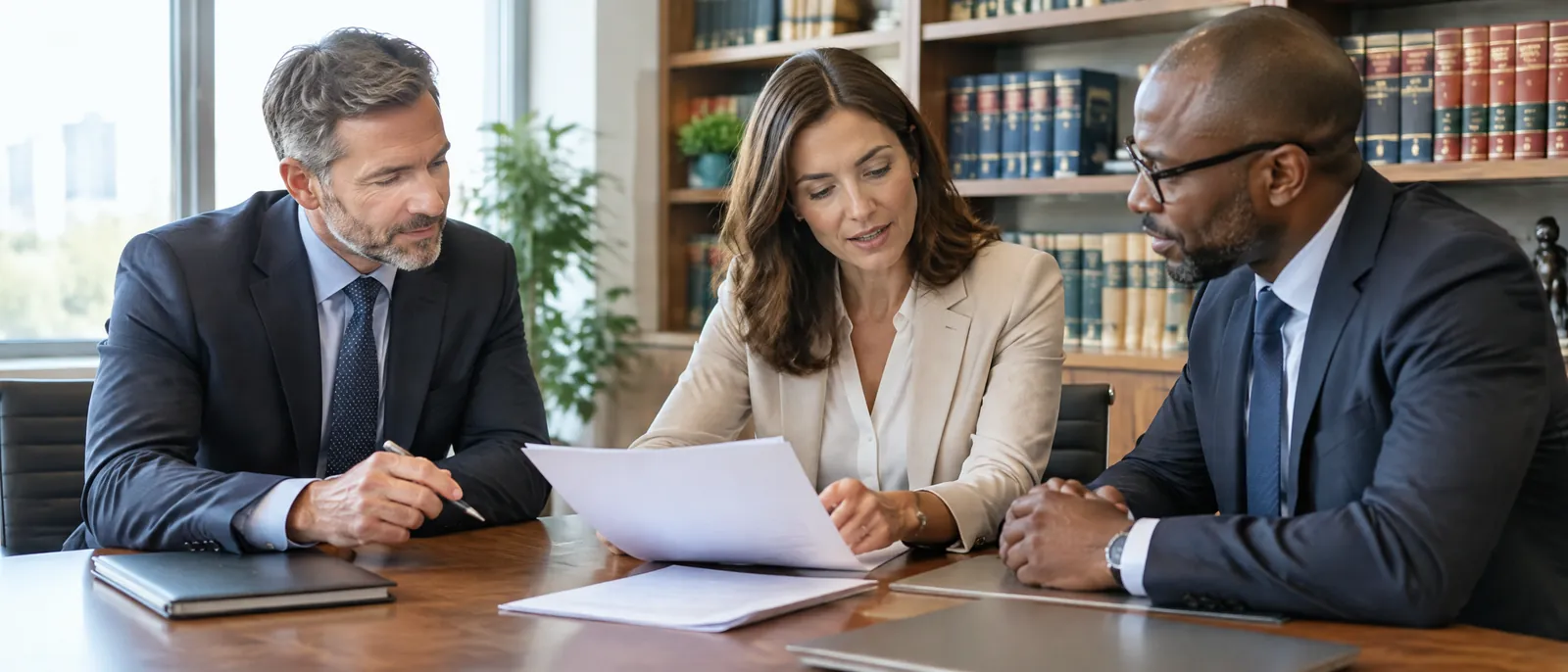 Three partners discussing a document in a bright office.
