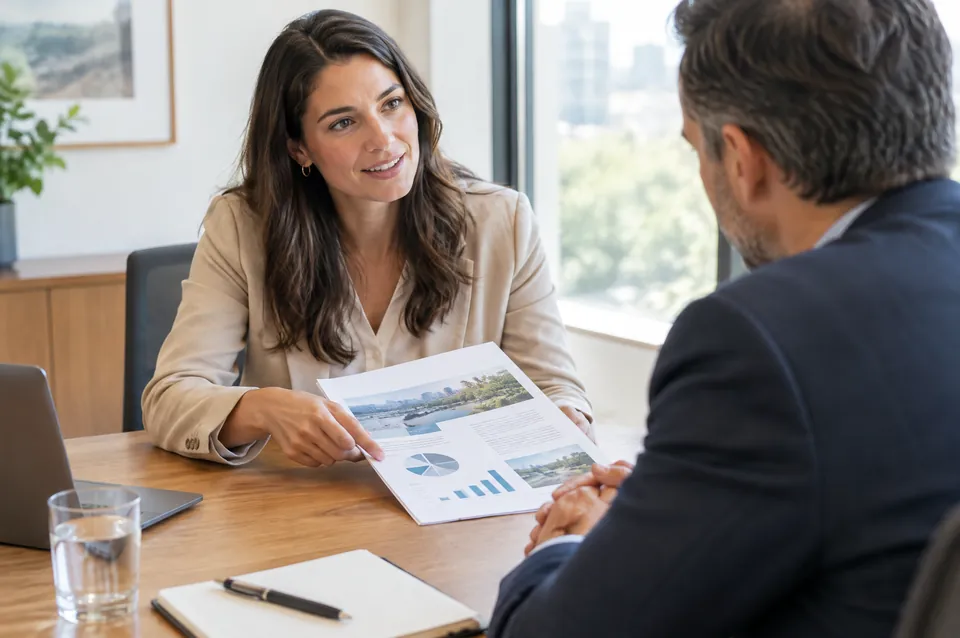A consultant presenting a printed proposal to a client.