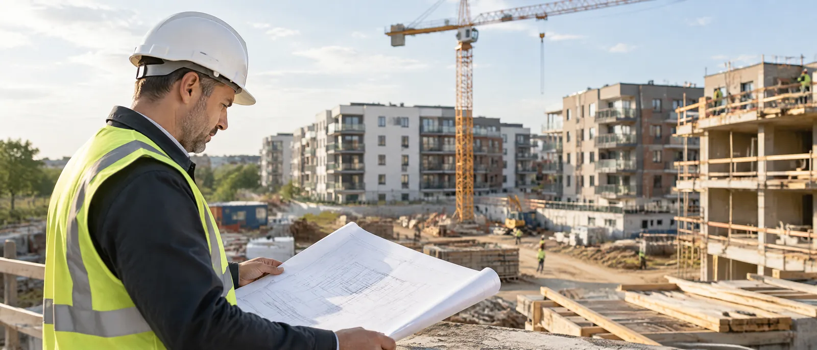 A site manager reviewing plans at a residential development.