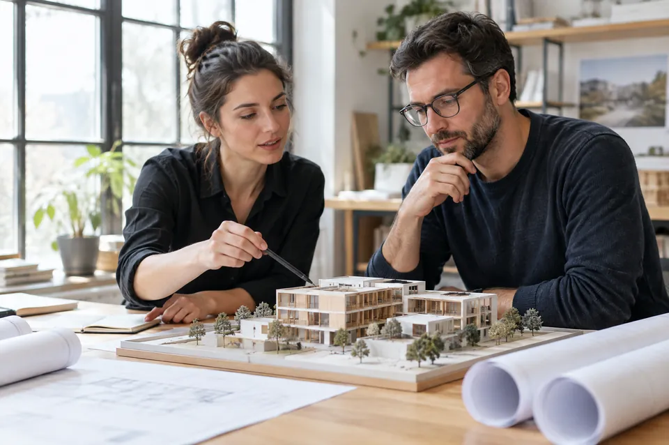 Two architects around a scale model of a building.