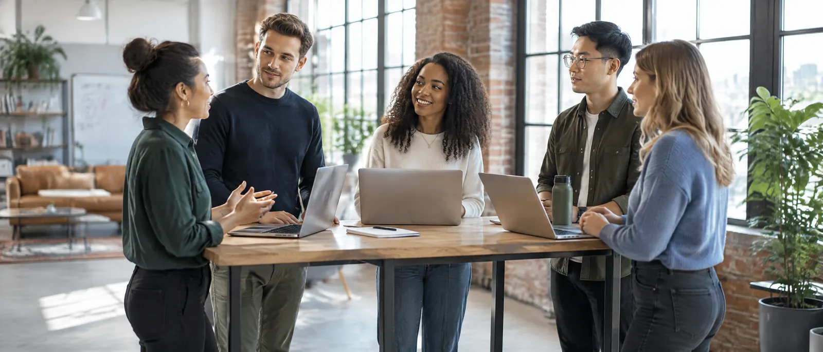 A product team in a stand-up meeting around a high table.