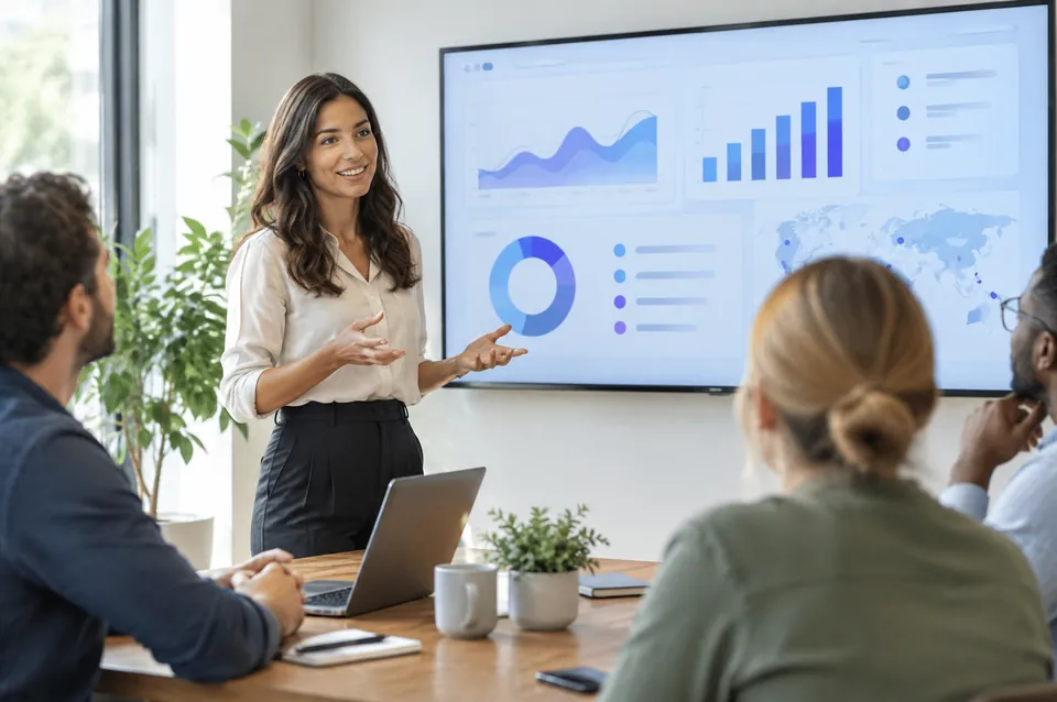 A woman presenting a software demo to colleagues.