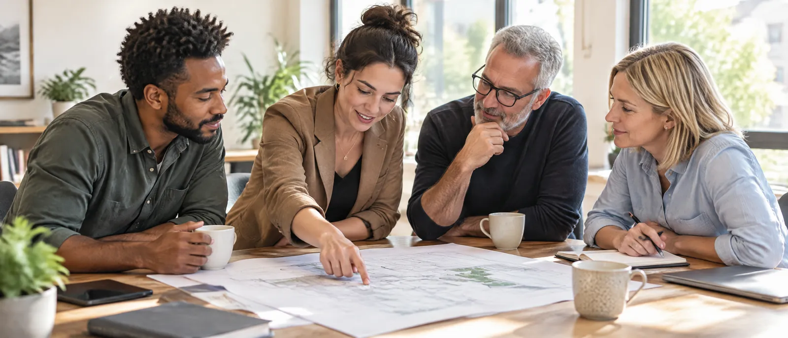 Colleagues leaning over a printed plan around a table in a sunlit room.