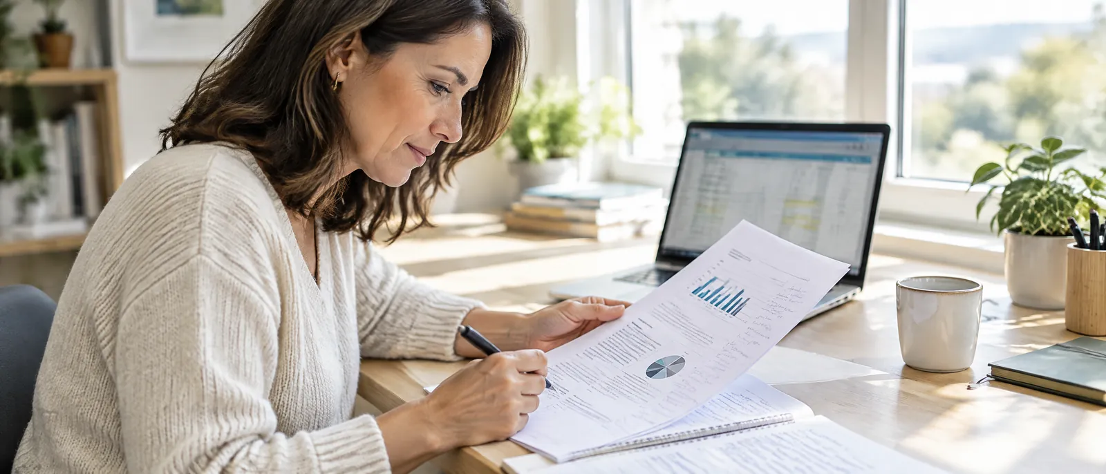 A woman reading a printed business plan and making notes at a desk by a window.