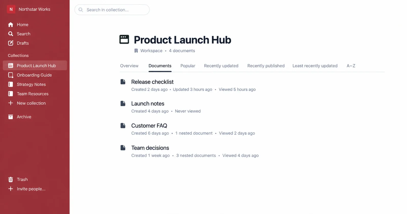 Knowledge workspace collection listing its documents, with when each was created, updated and last viewed.